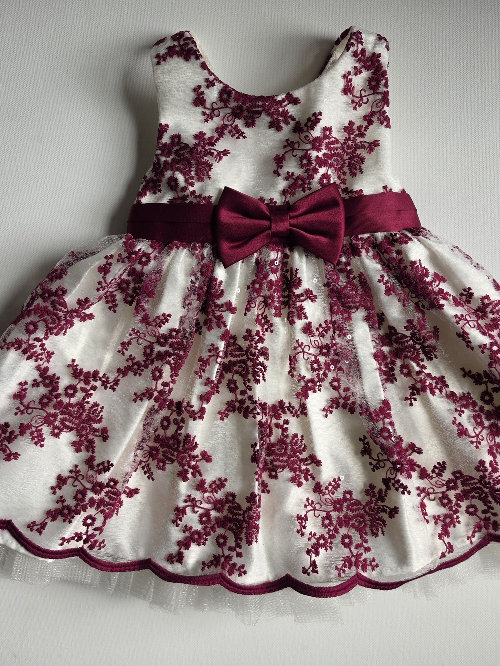 American Princess White and Burgundy Floral Bow Party Dress